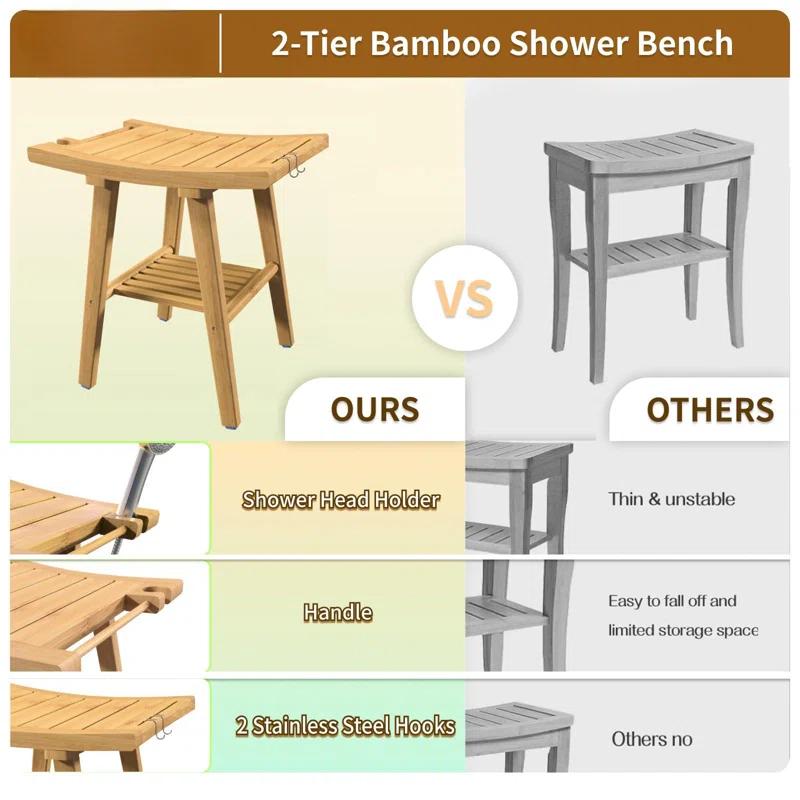 Red Barrel Studio® Bamboo Shower Bench Stool, Shower Chair For Inside Shower With 2-Tier Storage Shelf, Waterproof Shower Seat For Shaving Legs, Spa Bathroom Shower Bench