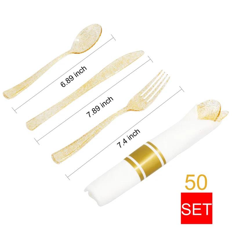 MODERN WALLS LLC 350 Pieces Gold Glitter Dinnerware Set 50 Guest For Party- 50 Dinner Plates, 50 Dessert Plates -50 Per Rolled Napkins With Gold Cutlery - 50 Disposable Cups 9 OZ
