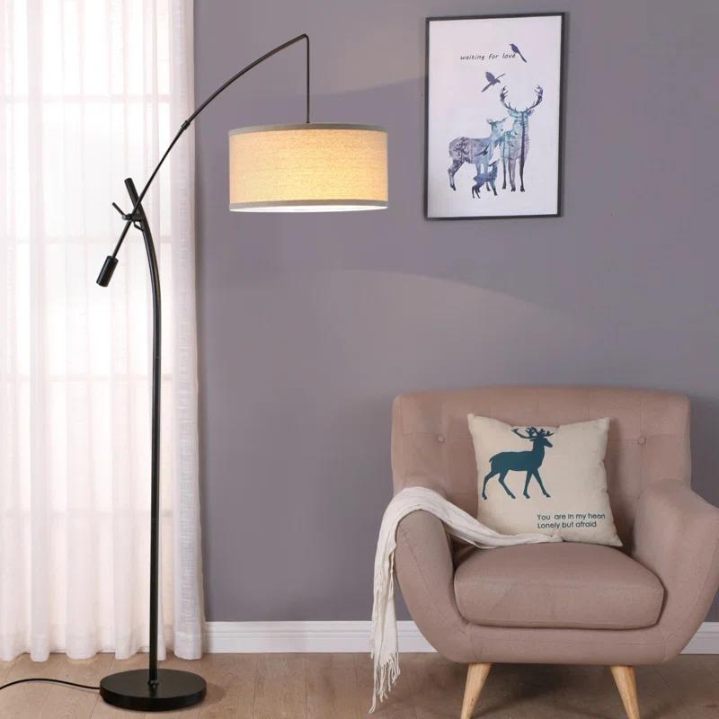 Brightech Grayson 84 in. Mid-Century Modern Height-Adjustable LED Arched Floor Lamp with Beige Fabric Drum Shade
