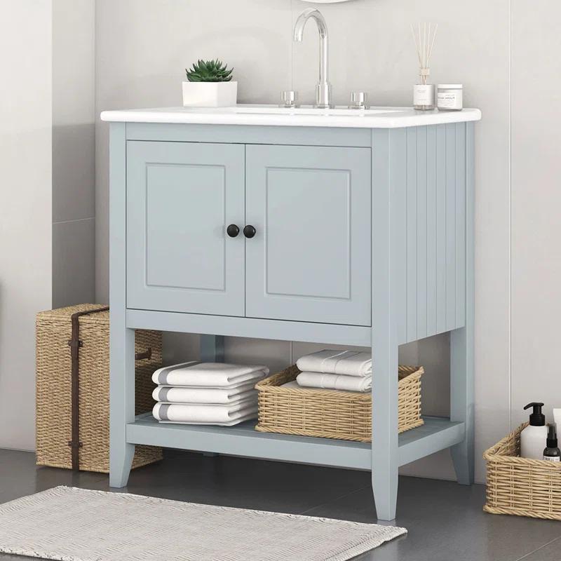 Wondrous Iconic 30" Modern Sleek Bathroom Vanity Elegant Ceramic Sink With Solid Wood Frame Open Style Shelf & Door Shelf Design