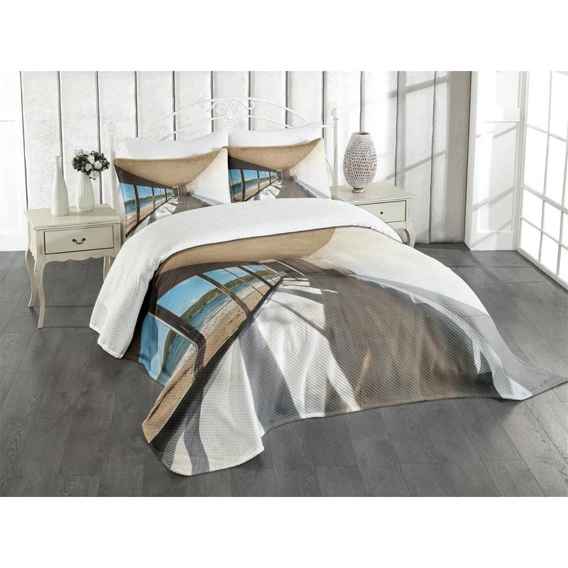 Ambesonne Ambesonne Beach Bedspread Set Ocean Sea Waves Sand View Pale Brown Sky Blue