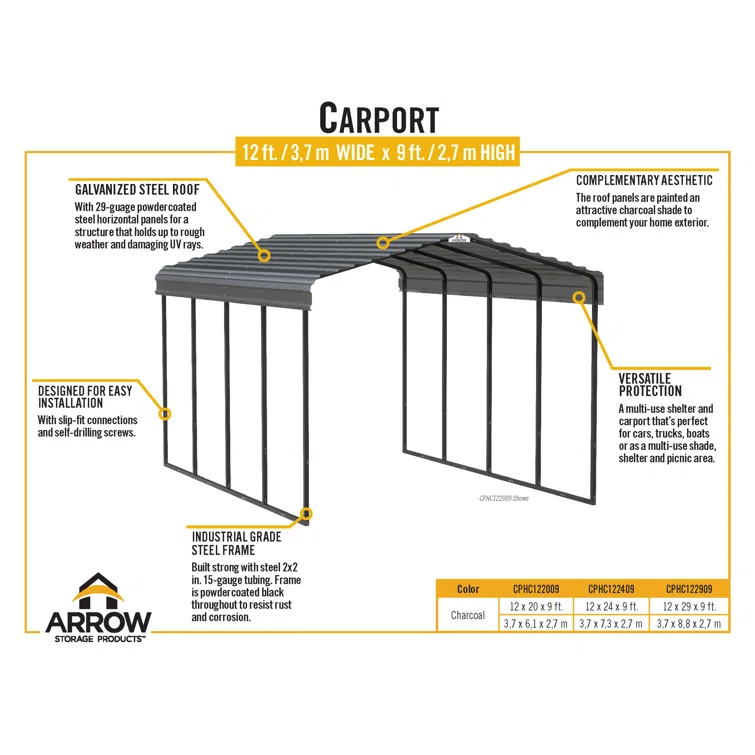 Arrow Arrow Galvanized Steel Carport, 12x24x9