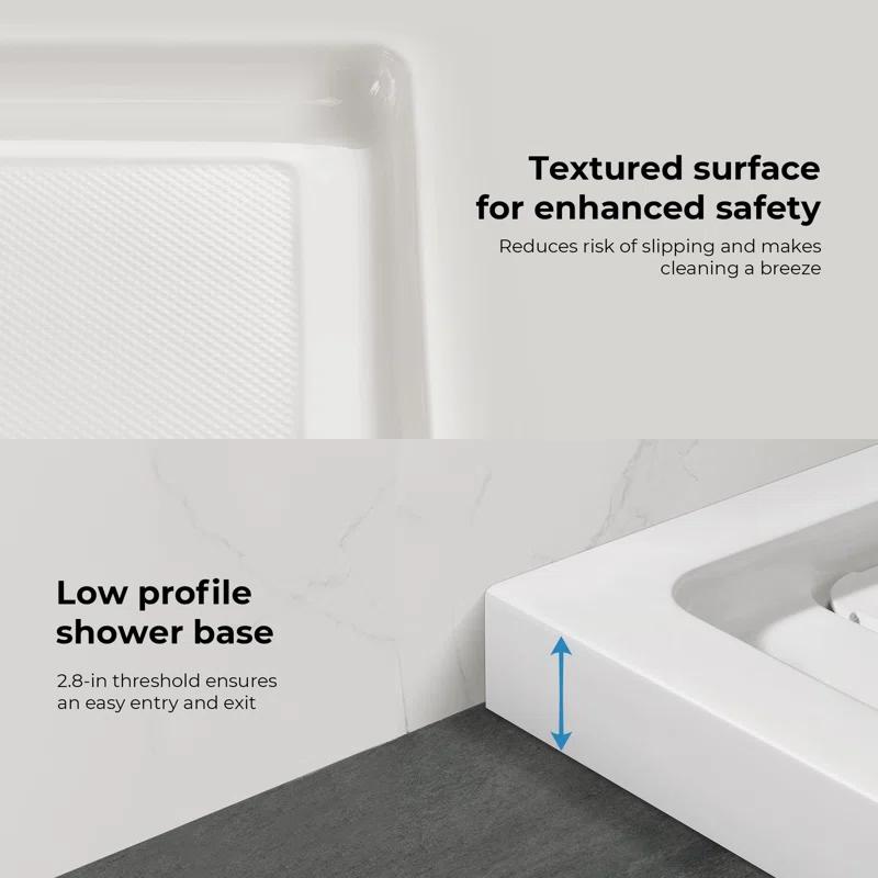 OVE Decors 48" x 36" Rectangle Shower Base Pan, White Acrylic, Hidden Side Drain, Reversible Design