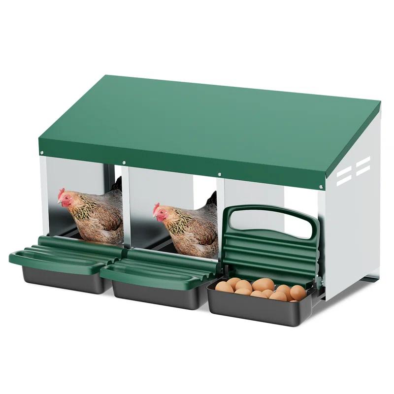 Bring Home Furniture Chicken Nesting Boxes with 3 Compartments for Laying Eggs, Galvanized Steel Hen Nesting Box with Lid Pull-Out Tray and Ventilation Design