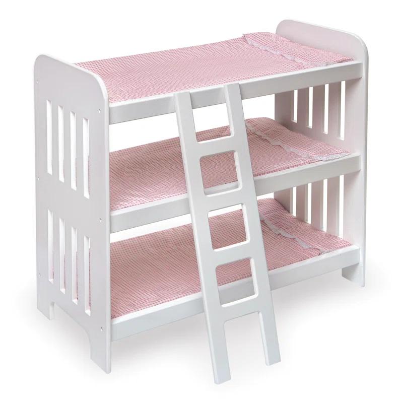Badger Basket Triple Doll Bunk Bed with Ladder, Bedding, and Free Personalization Kit - Pink Gingham