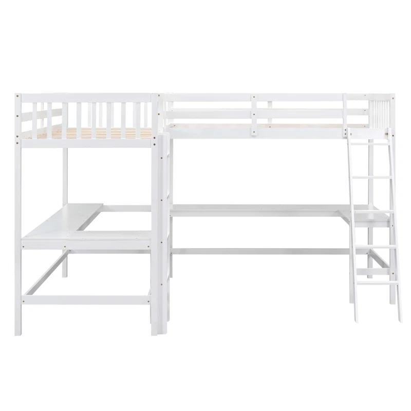 Blendoi Brooke Wood Twin Size L-Shaped Loft Bed with Ladder and 2 Built-in L-Shaped Desks, White