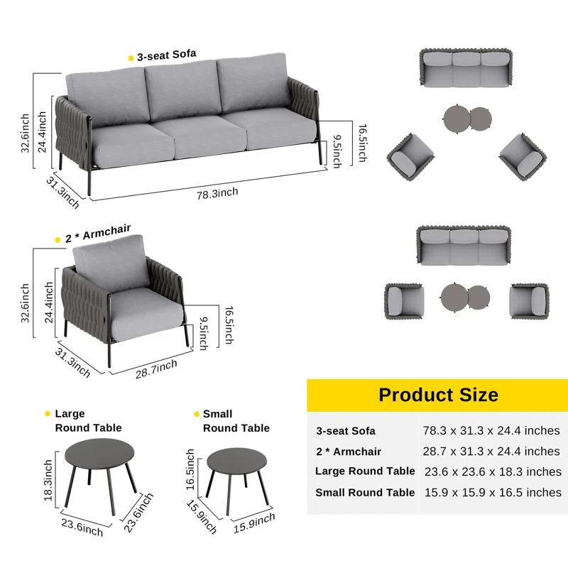 EAST OAK Patio Furniture Set 5 Pieces Sofa with Two Round Coffee Table  and Waterproof Thick Cushion Deep Seating