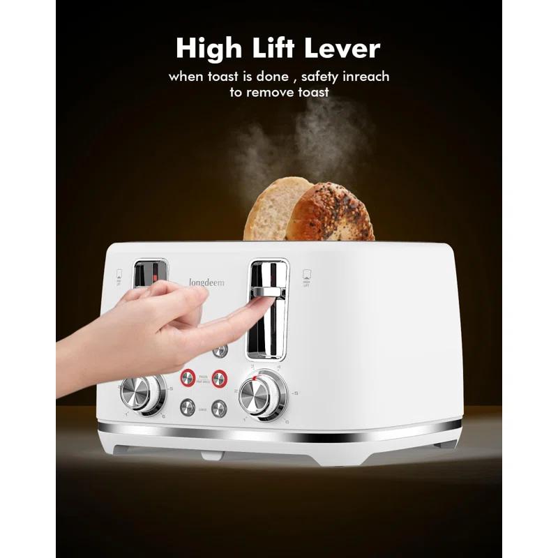 LONGDEEM 4 Slice Toaster, Extra Wide Slots, Longdeem Retro Stainless Steel Toasters, 6 Browning Options, Auto Shut Off & Frozen Function, Toast Fruit Bread, Bagel & Waffle