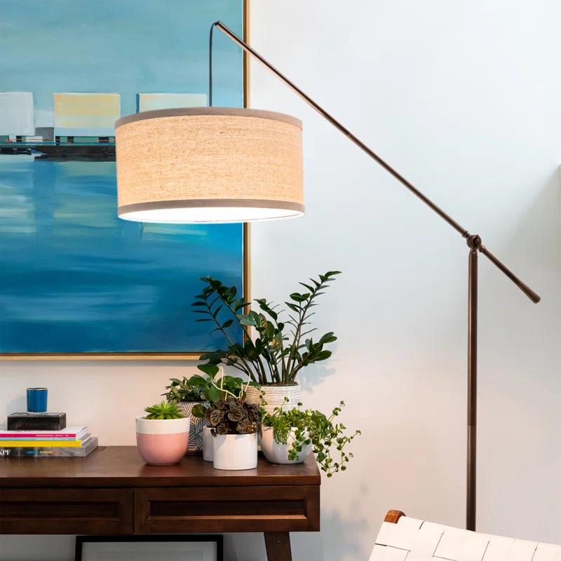 Brightech Hudson 70" Modern LED Floor Lamp with Adjustable Height, Brushed Bronze Finish, and Beige Fabric Drum Shade, Bulb Included