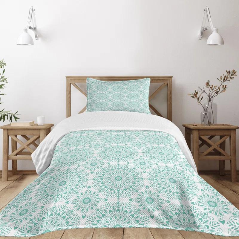Ambesonne Ambesonne Mandala Bedspread Set Oriental Swirls Aqua and White