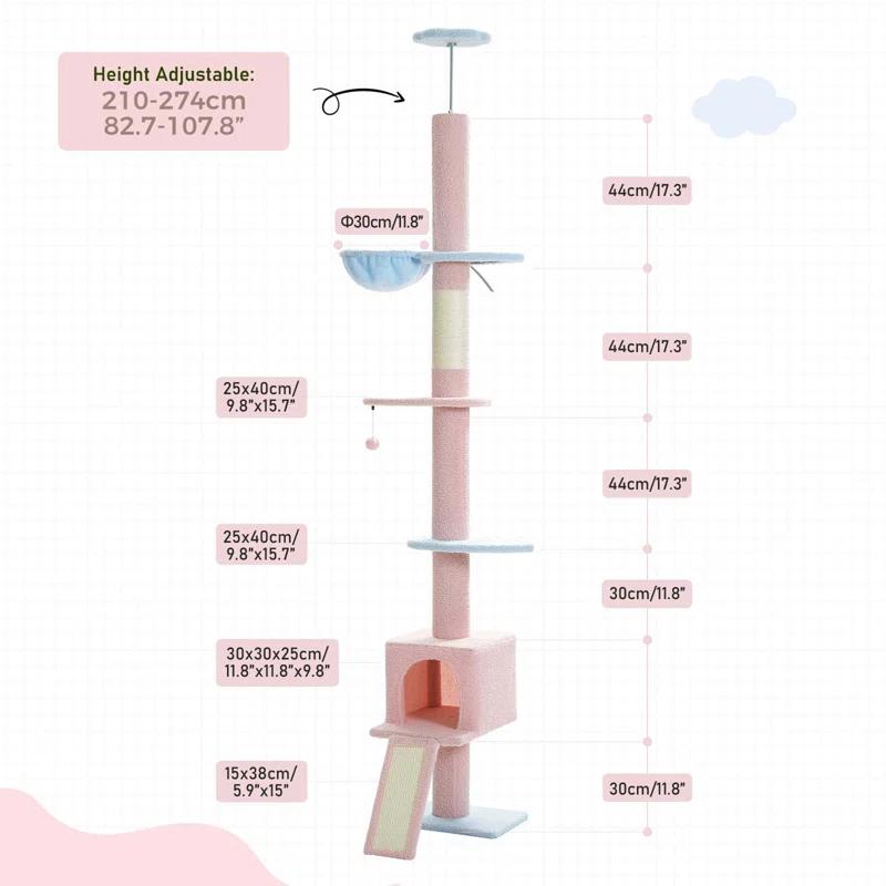 Adjustable Height Floor To Ceiling 5-Tier Tall Cat Tree Tower For Indoor Cats With Cat Condo, Cat Scratching Post And Cat Ladder