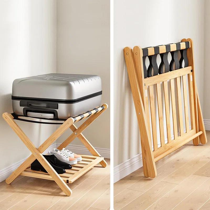 Kiflic Fully Assembled Bamboo Luggage Rack, 5 Folding Suitcase Stand with Shoe Shelf, Large Luggage Holders for Guest Room, Bedroom, Hotel