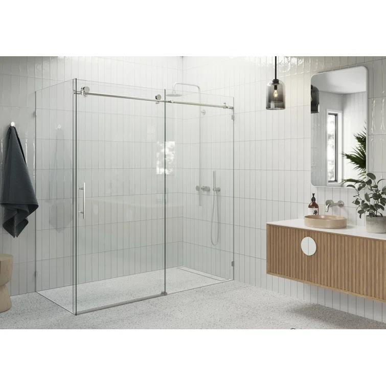 Glass Warehouse Nova 72 in. x 30 in. x 78 in. 90-degree Fully Frameless Sliding Glass Shower Enclosure 90SL-72-30-BN