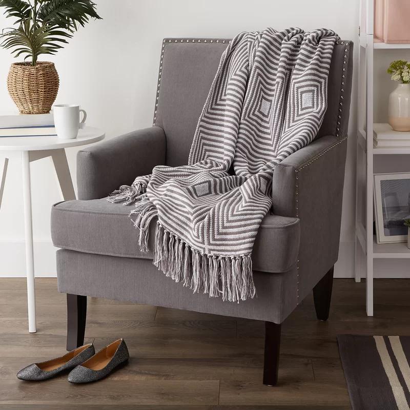 Gray Cotton Geometric Fringe Throw Blanket