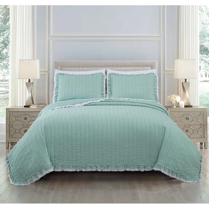 Chezmoi Collection Bonnie Double Frayed Ruffled Edge Cotton Quilt Set
