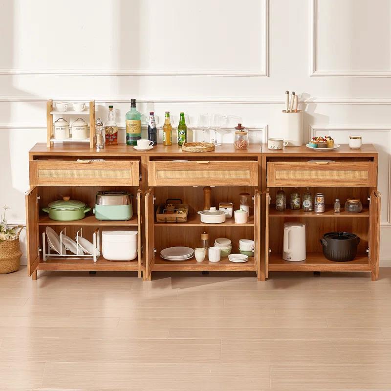 VEVOR Cabinet with 6 Doors 3 Drawers Adjustable Shelves Set of 3 Natural