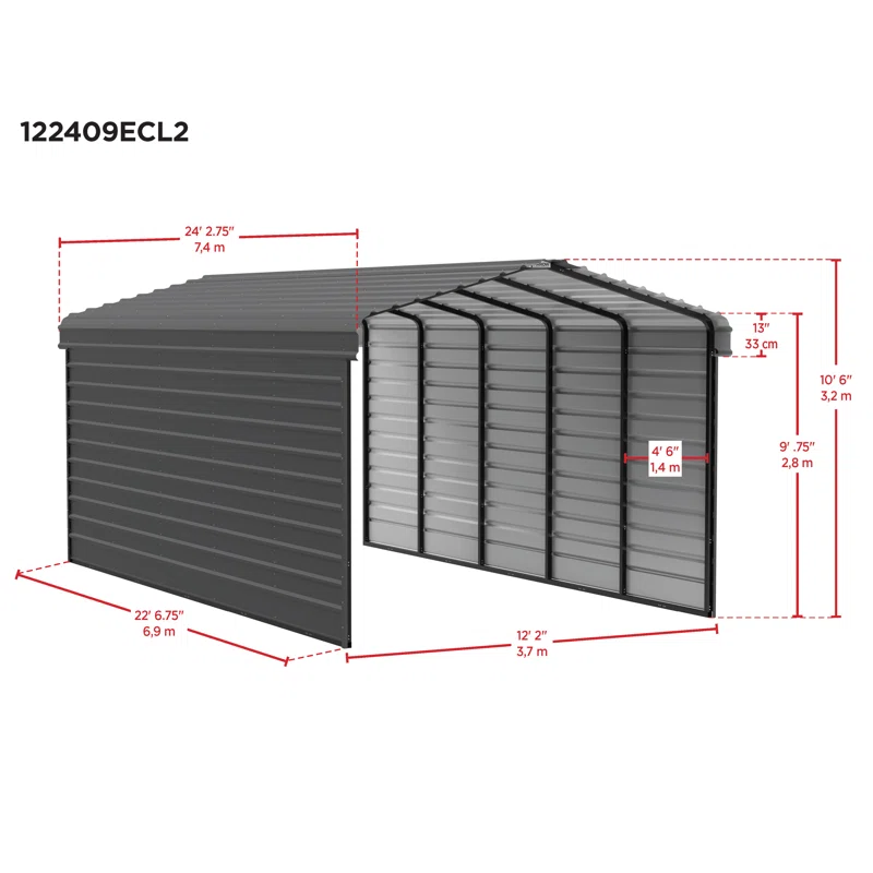 Arrow Arrow Steel Carport with 2 Side Wall Kits, 12x24x09