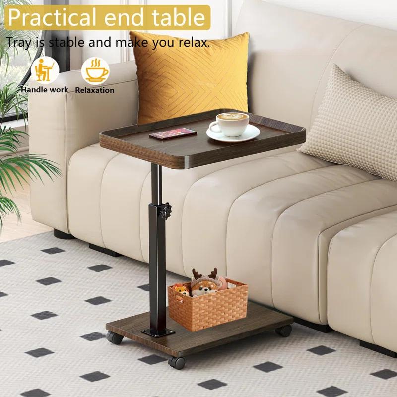 17 Stories C Table End Table Adjustable Height, 360°Swivel TV Tray Table For Small Spaces, C Shaped Side Tables With Wheels, White