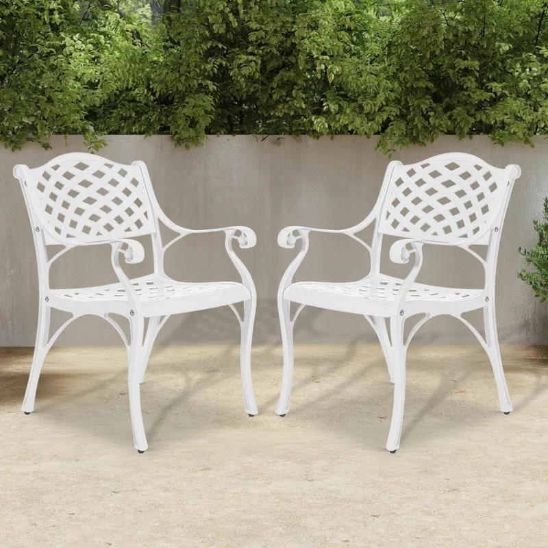 One Allium Way® 2 Piece Patio Dining Chairs, Outdoor All-Weather Cast Aluminum Chairs, Patio Bistro Dining Chair Set Of 2 For Garden Deck Backyard, Lattice Weave Design, White