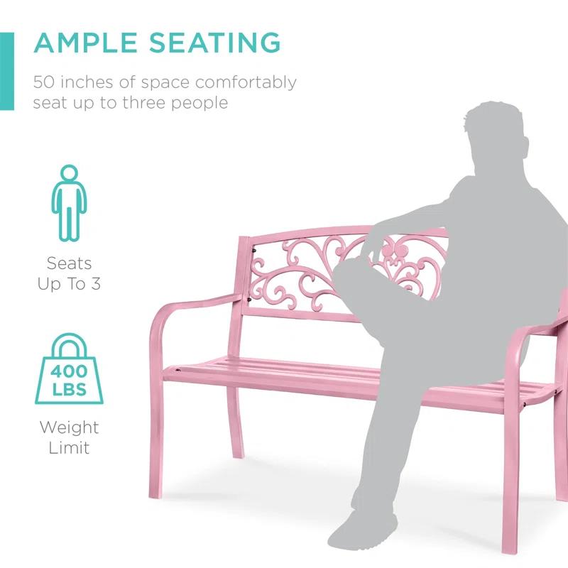 World Menagerie Outdoor Steel Bench with Floral Backrest & Slatted Seat, Marigold for Garden, Patio, Porch, Lawn, and Deck