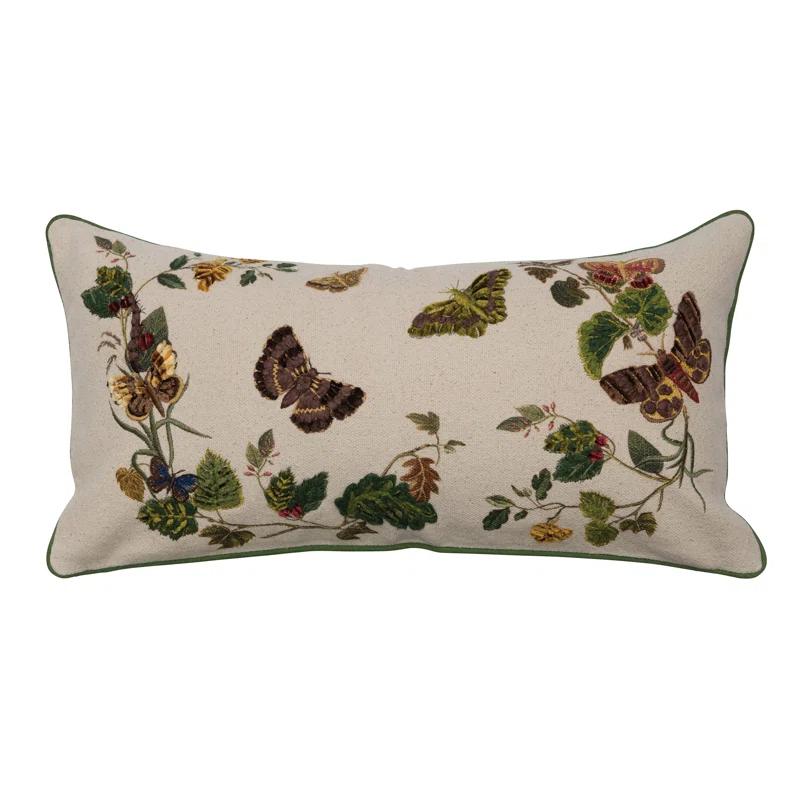 Creative Co-Op Cotton Lumbar Pillow with Butterflies, Flowers, Embroidery, and Piping