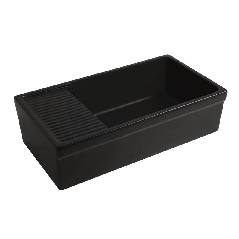 Whitehaus Collection WHQD540-M-BLACK Whitehaus Collection 36” Single Bowl Fireclay Kitchen Sink: Integral Drainboard, Lip Front Apron