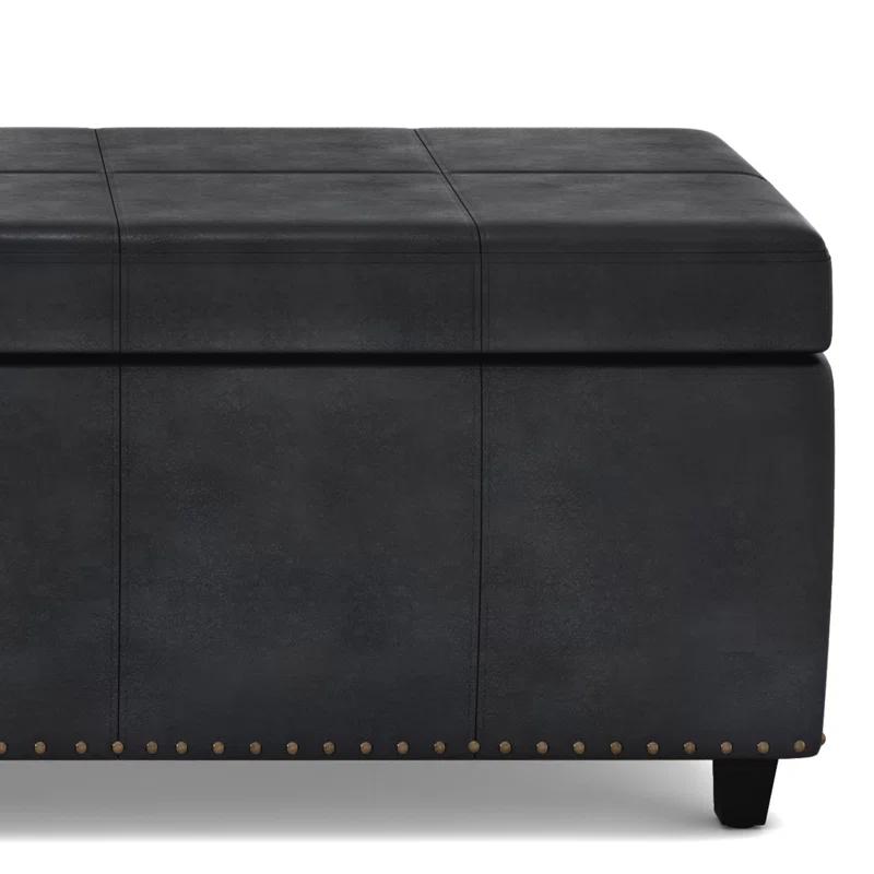 Simpli Home Kingsley 48"W Upholstered Storage Ottoman with Lift-Top Lid, Nailhead Trim, and Stitching Detail