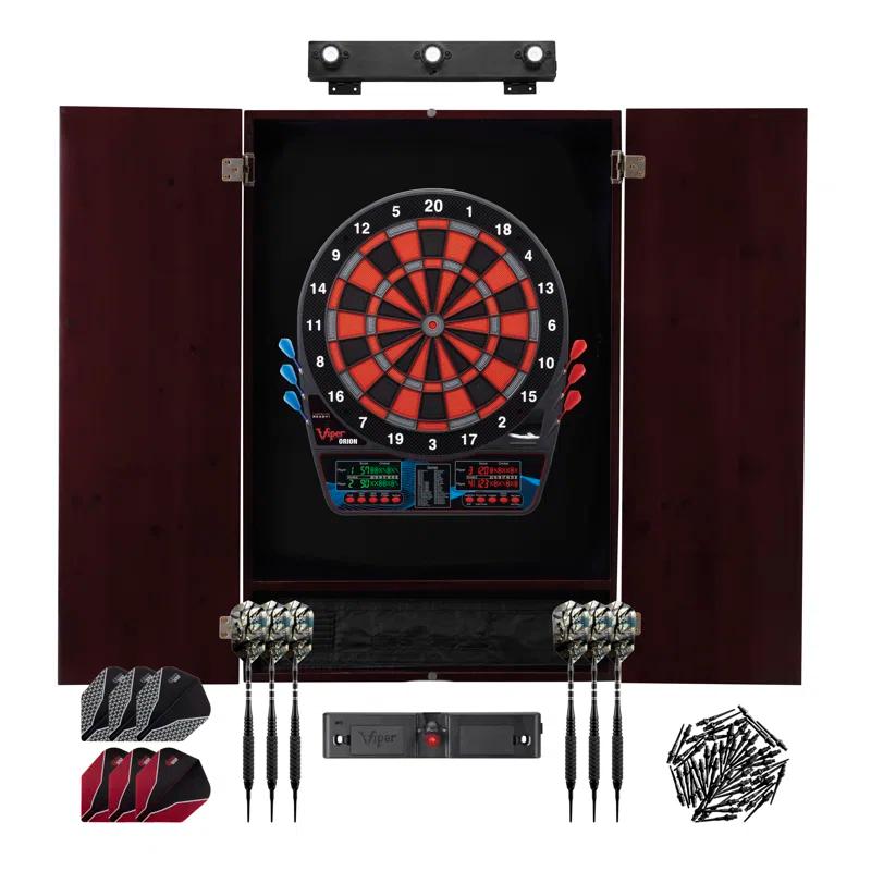 Viper Orion Electronic Dartboard, Metropolitan Mahogany Cabinet, Throw Line Light, Dartboard Lights, Black Magic Soft Tip Darts, And Spare Tips And Flights