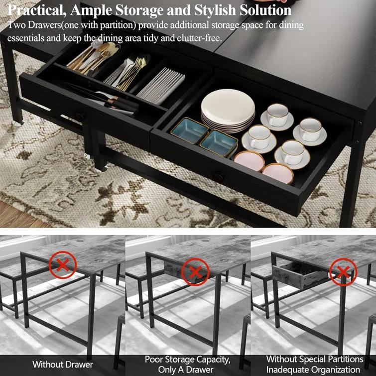 17 Stories Zubie 63"Dining Table Set for 4-6, 3-Piece Kitchen Table with 2 Utensil Drawers,2 Benches&Wine Rack