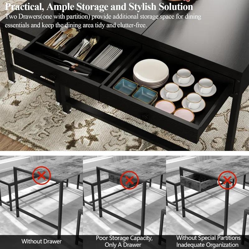 17 Stories Zubie 63"Dining Table Set for 4-6, 3-Piece Kitchen Table with 2 Utensil Drawers,2 Benches&Wine Rack