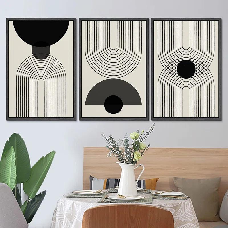 Mid-Century Modern Black And White Minimalist Abstract Home Decor Framed Wall Art Work Canvas Print