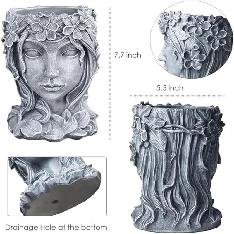 Winston Porter Head Planter Face Flower Pot Goddess Statue Planter Decorative Girl Portrait Planter Indoor Outdoor Girl Face Flower Vase Container Planter (Gray)