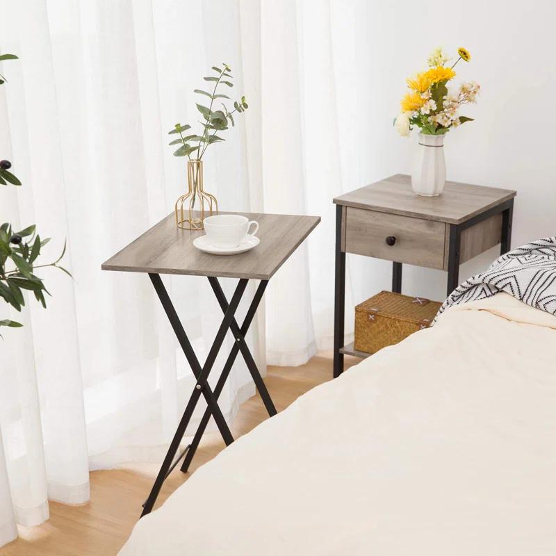 Inbox Zero Folding TV Tray Tables, Set Of 4 TV Trays With Storage Rack, Industrial Side Table For Eating At Couch, Foldable Snack Table For Small Space, Easy Assembly, Greige And Black