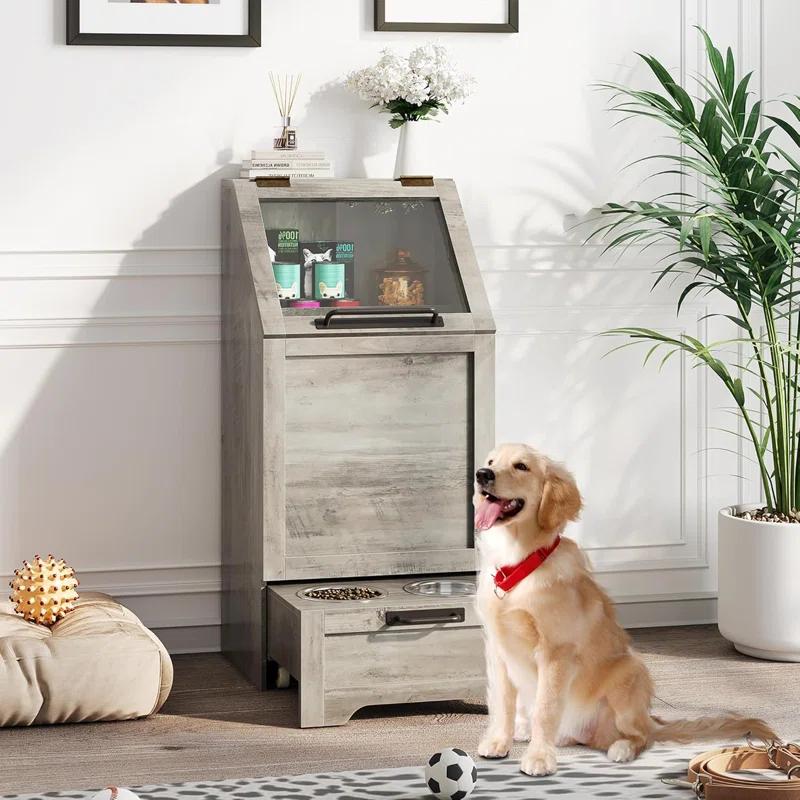gaomon Dog Feeding Station with Storage Cabinet, 2 Elevated Dog Bowls, Filp Top Dog Food Storage Cabinet Container