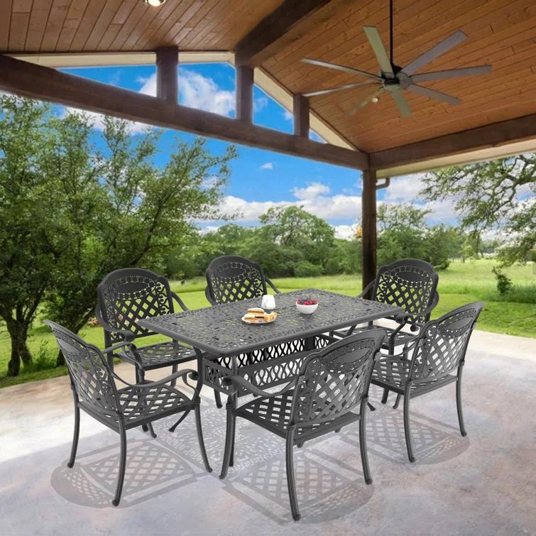 MIRROR FLY 58.27"L 34.65"W Rectangular Table Cast Aluminum Outdoor Dining Set with Umbrella Hole and Red Cushions