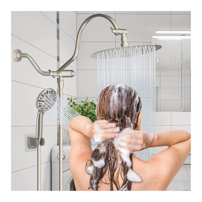 10'' High Pressure Rainfall Shower Head/Handheld Showerhead Combo with 12'' Adjustable Curved