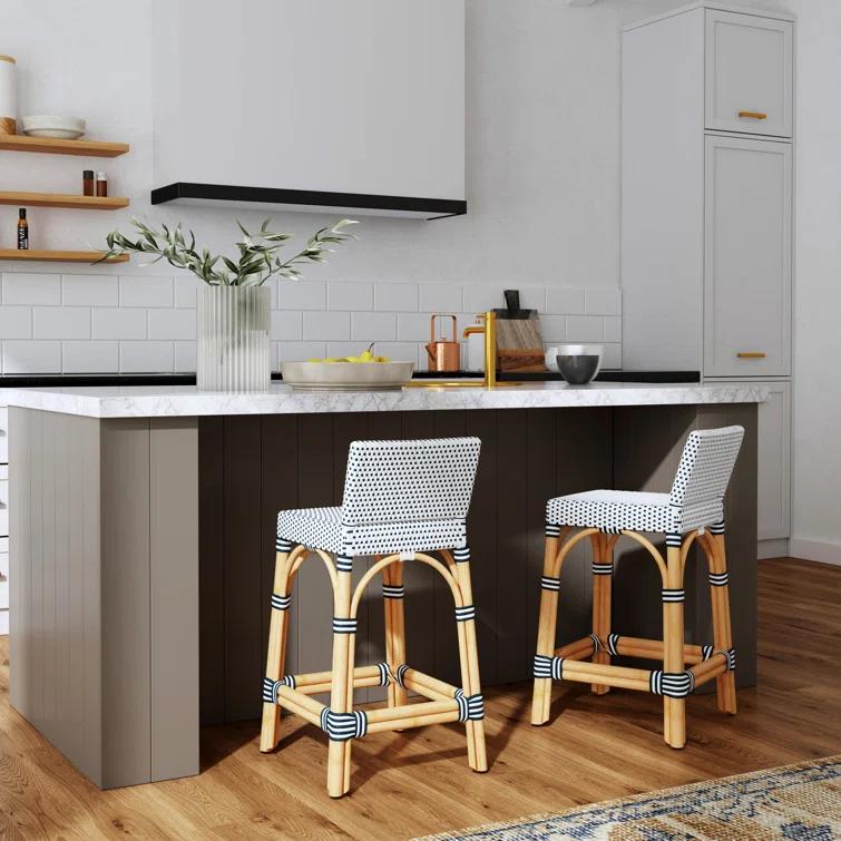 White and Navy Dot Rattan Low Back Counter Stool