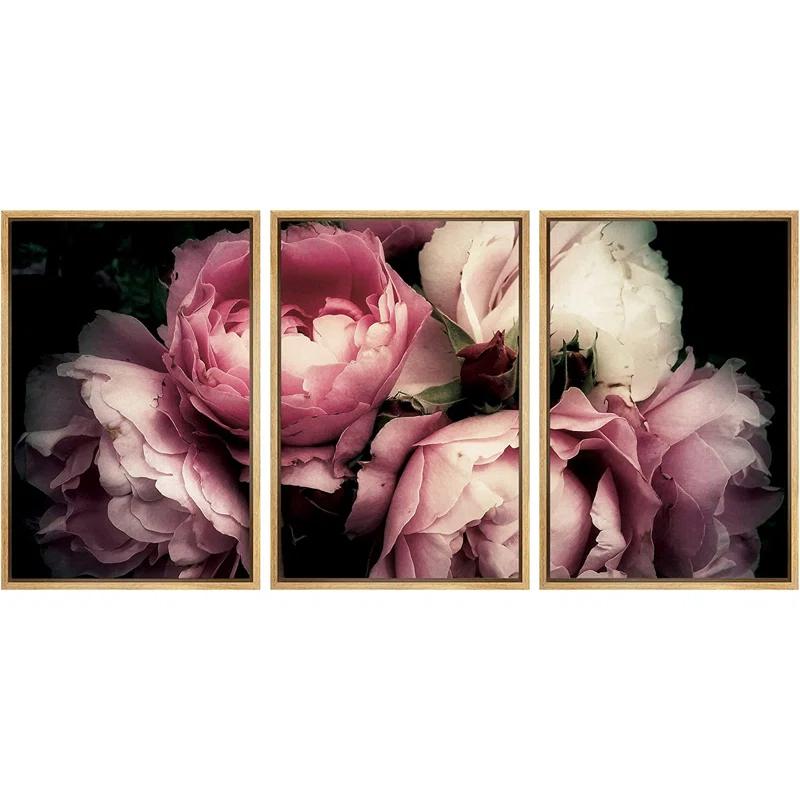 IDEA4WALL Flower Blossom " Pink Rose Peony Bouquet Floral Pictures Large Framed Canvas Print 3 Pieces Wall Art