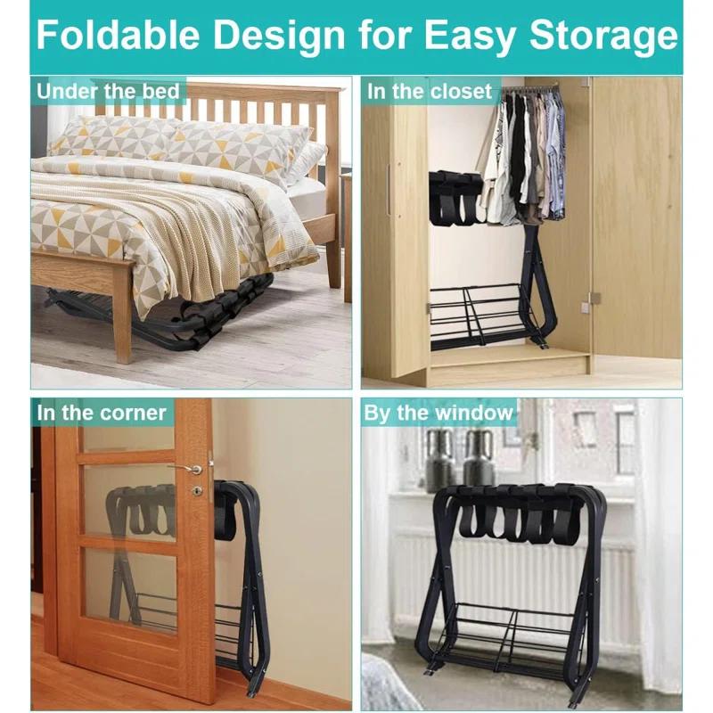 BINO Folding Luggage Rack With 2-Tiers Storage Shelf, Foldable Steel Frame Luggage Organizers For Suitcase, Metal Luggage Holder For Guest Room, Bedroom, Hotel, Closet, Black, 1Pack