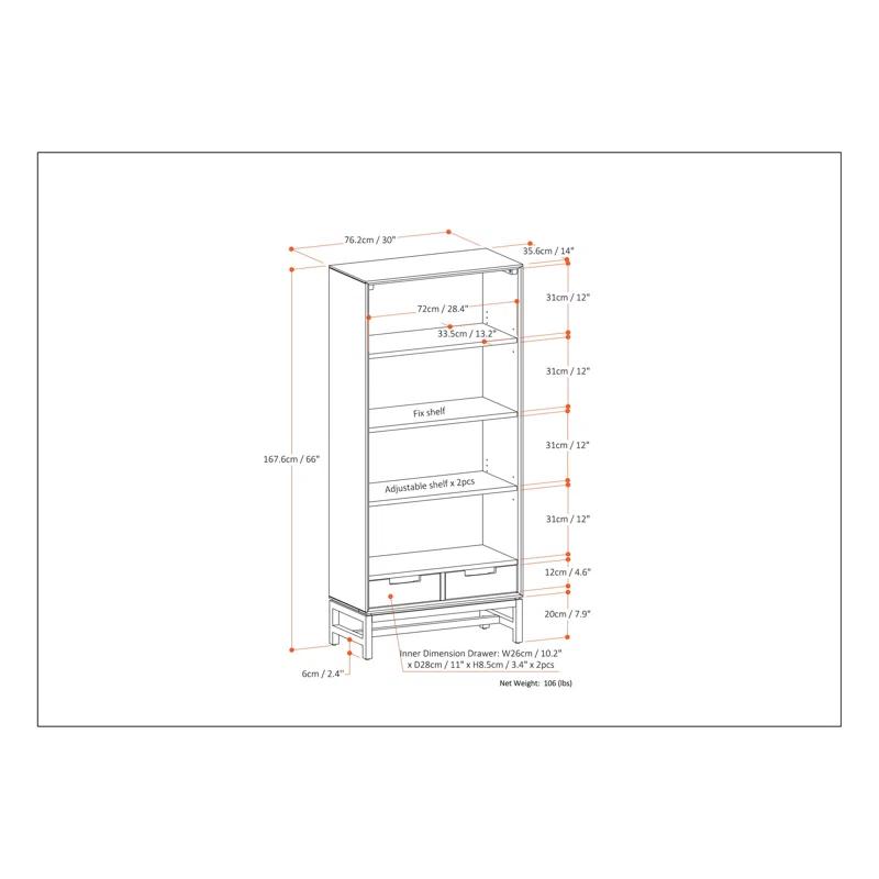 Banting 30"W Solid Wood 4 Shelf Industrial Bookcase with 2 Drawers, Adjustable Shelves, and Metal Base