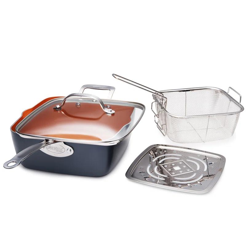 Gotham Steel Gotham Steel 9.5" Deep Squre Nonstick Pan with Steamer Tray, Fry Basket and Glass Lid