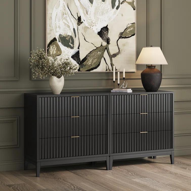 Nathan James 3-Drawer Dresser With Solid Wood Frame And Fluted Details (2-Piece Set)