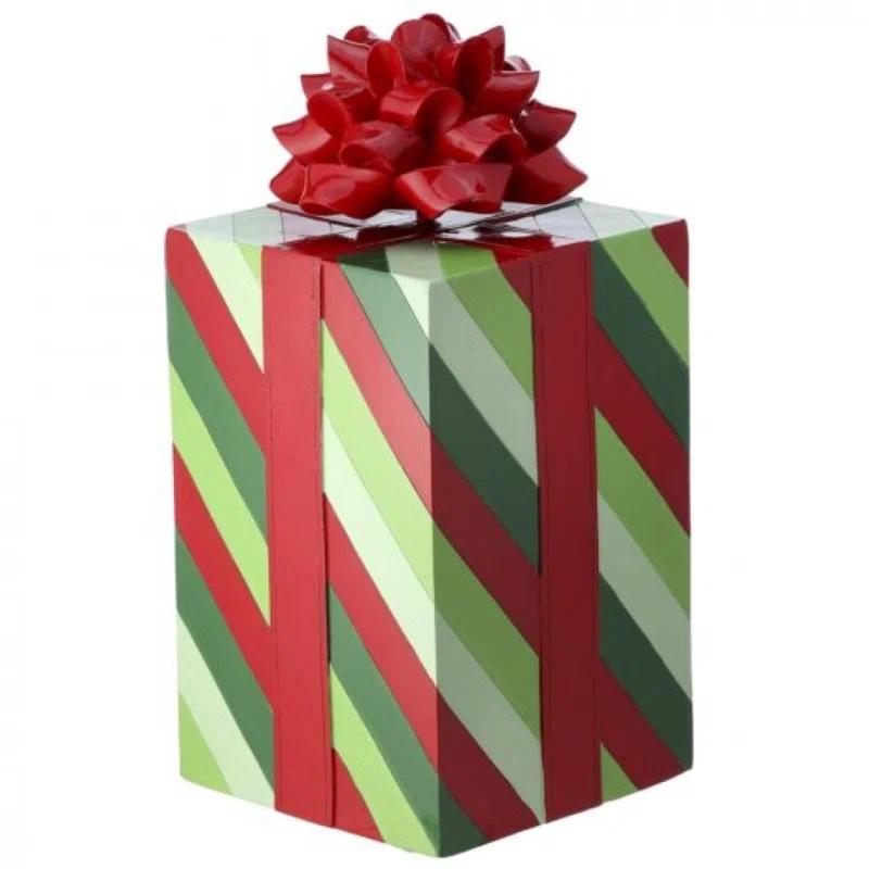 Bloomsbury Market Resin Green Stripes With Red Bow Gift Box Decoration
