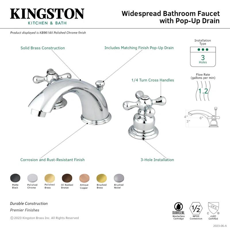 Kingston Brass KB966AX Kingston Brass Victorian Two-Handle 3-Hole Deck Mount Widespread Bathroom Faucet with Retail Pop-Up Drain