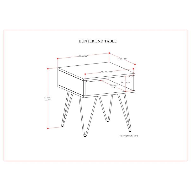 Hunter 22"W Solid Wood Industrial Square End Table with Hairpin Legs and Open Storage