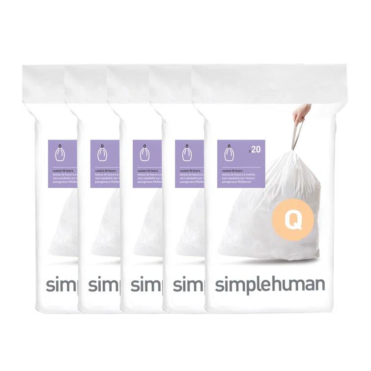 simplehuman simplehuman Code Q Genuine Custom Fit Drawstring Trash Bags Dispenser Packs, 100 Count (Set of 5)