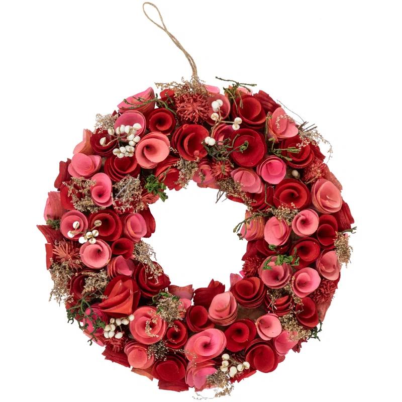 Northlight Seasonal Pink and Red Wooden Roses Artificial Spring Wreath 13-Inch Unlit