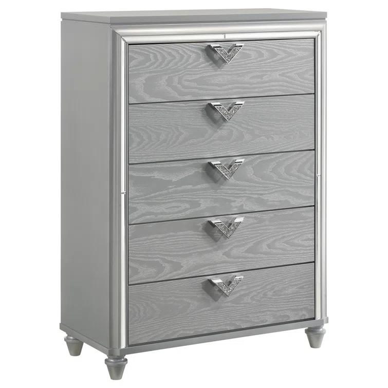Benjara Haley Tall Dresser Chest, V Shaped Glittering Metal Handles, Light Silver