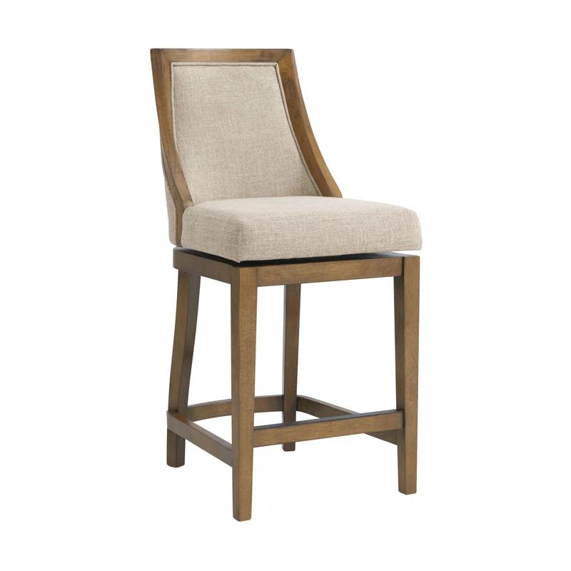 Alaterre Ellie Bar Height Stool, Back, Swivel Seat, Brown, Upholstered Padded Seat, Rubberwood Frame, Steel Memory Return Mechanism, Dimensions 19 in. W x 22 in. D x 46 in. H, Footrest, Metal Kick Plate