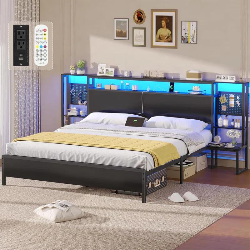 Ivy Bronx Bed Frame With Storage Headboard & Power Outlet, Metal Platform Bed With Led Lights, No Box Spring Needed, Strong Metal Slats, Noise-free, Industril Black